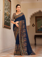 Monjolika Fashion Navy Blue Paisley Print Georgette Designer Saree | Grocsy