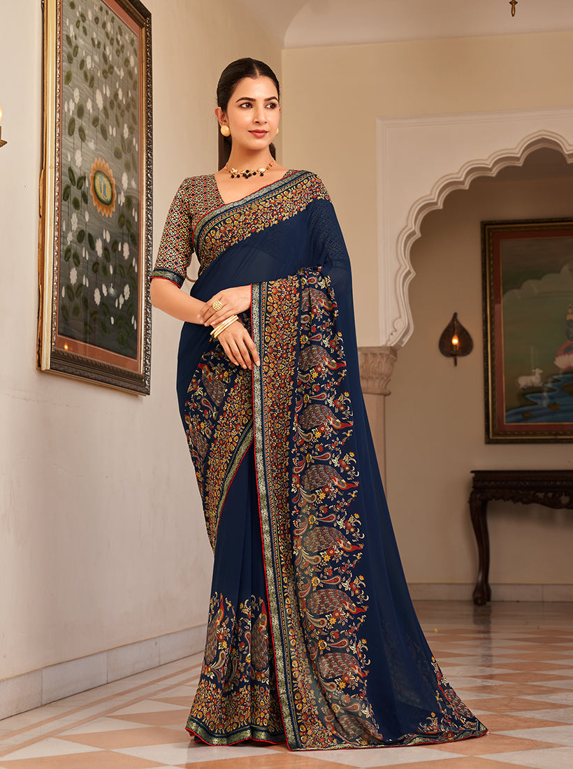 Monjolika Fashion Navy Blue Paisley Print Georgette Designer Saree | Grocsy