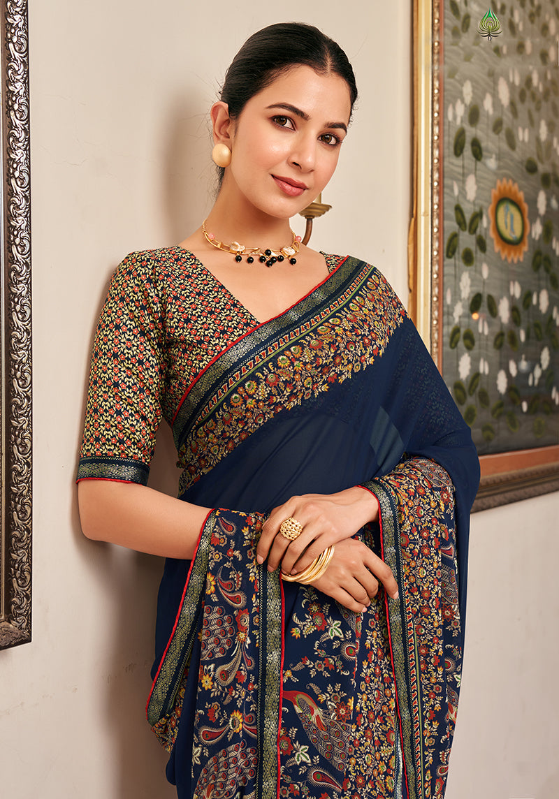 Monjolika Fashion Navy Blue Paisley Print Georgette Designer Saree | Grocsy