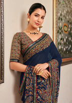 Monjolika Fashion Navy Blue Paisley Print Georgette Designer Saree | Grocsy