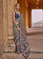 Monjolika Fashion Silk Blend Navy Blue Block Print Classic Saree | Grocsy