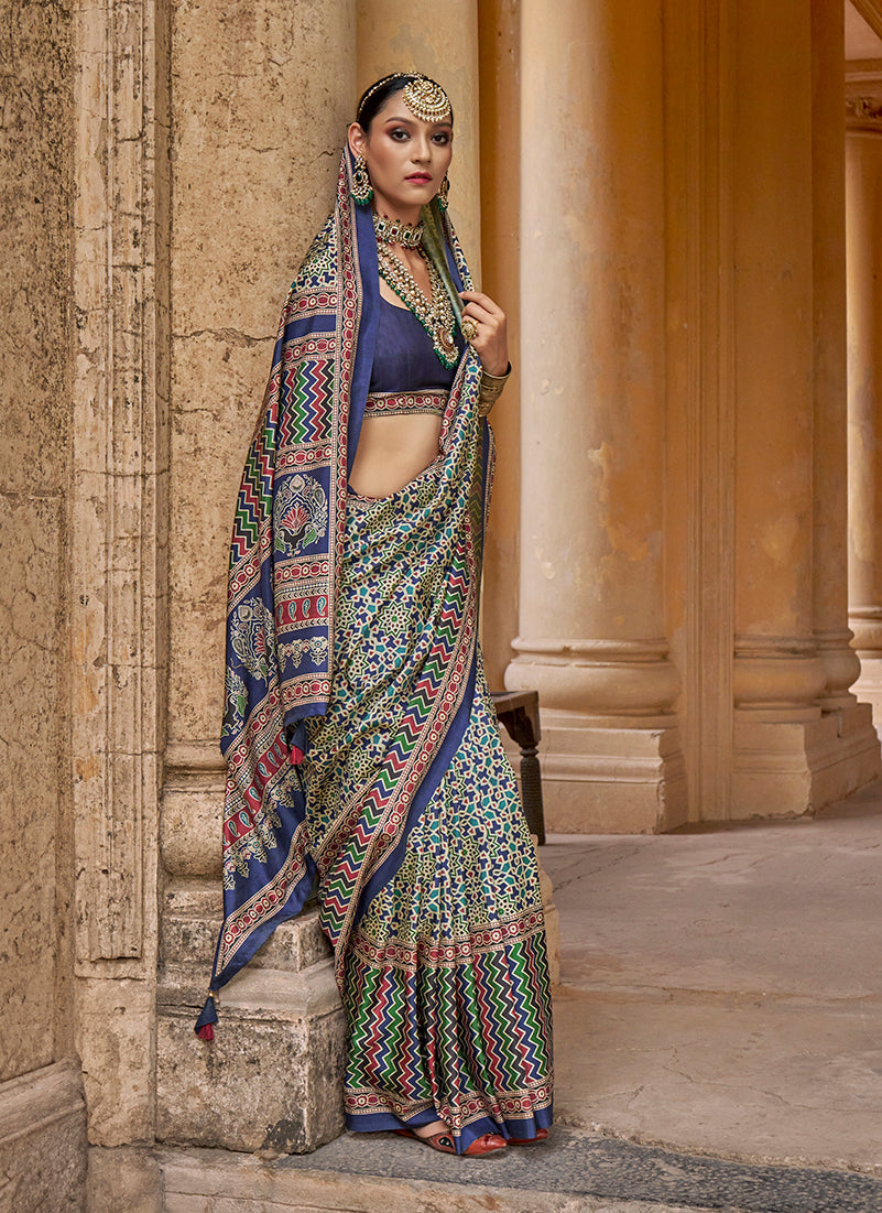 Monjolika Fashion Silk Blend Navy Blue Block Print Classic Saree | Grocsy