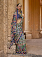 Monjolika Fashion Silk Blend Navy Blue Block Print Classic Saree | Grocsy