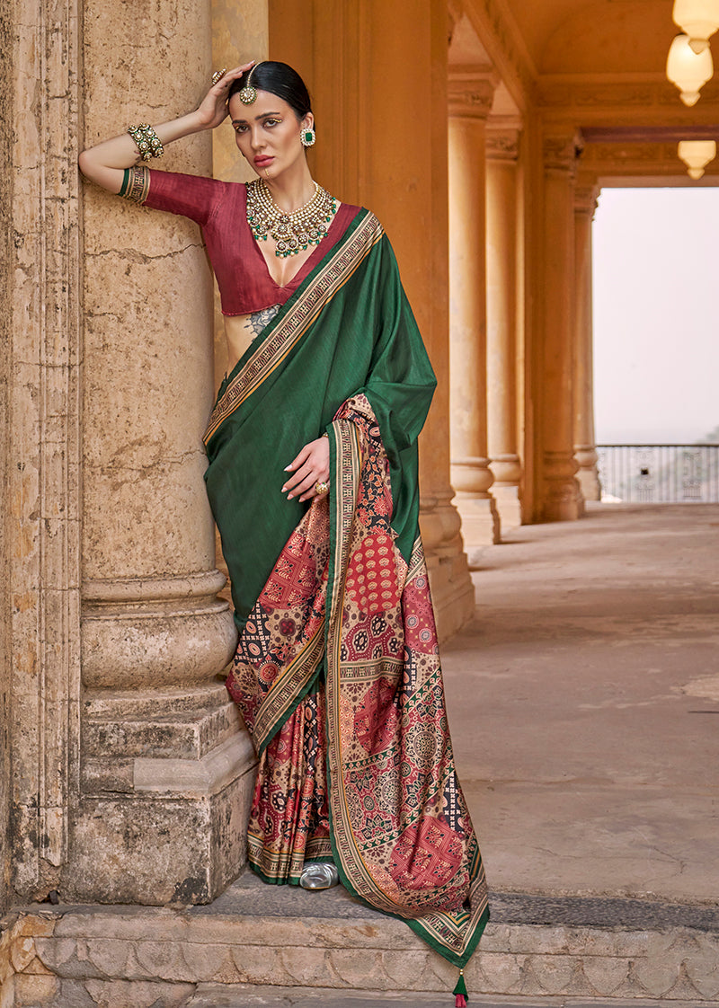 Monjolika Fashion Paisley Print Silk Blend Green Contemporary Saree | Grocsy