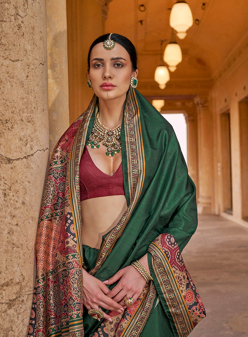 Monjolika Fashion Paisley Print Silk Blend Green Contemporary Saree | Grocsy
