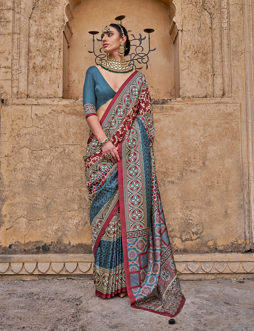 Monjolika Fashion Silk Blend Multicolour Block Print Traditional Saree | Grocsy