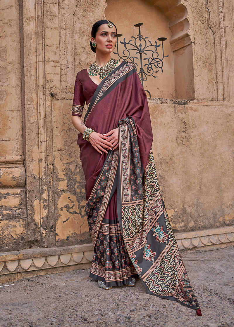 Monjolika Fashion Paisley Print Wine Silk Blend Trendy Saree | Grocsy