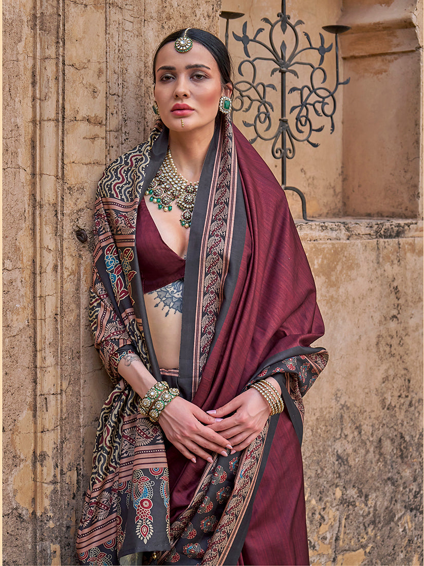 Monjolika Fashion Paisley Print Wine Silk Blend Trendy Saree | Grocsy