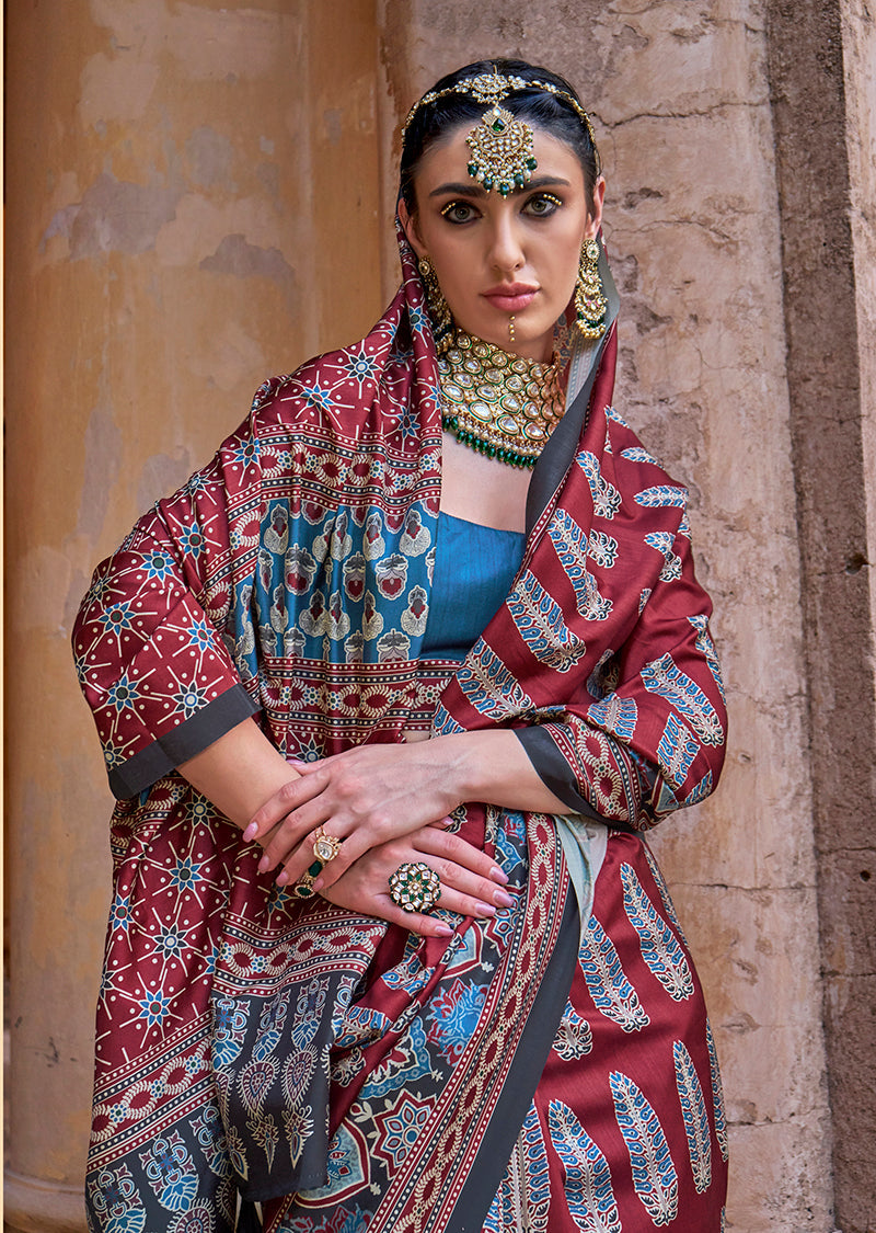 Monjolika Fashion Paisley Print Maroon Silk Blend Trendy Saree | Grocsy