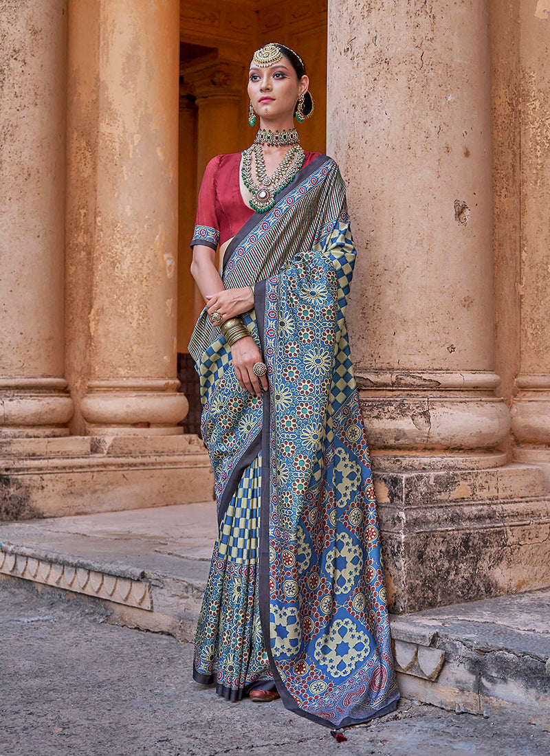 Monjolika Fashion Paisley Print Blue Silk Blend Trendy Saree | Grocsy