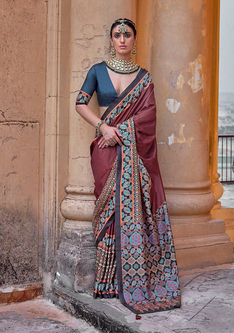 Monjolika Fashion Paisley Print Maroon Silk Blend Trendy Saree | Grocsy