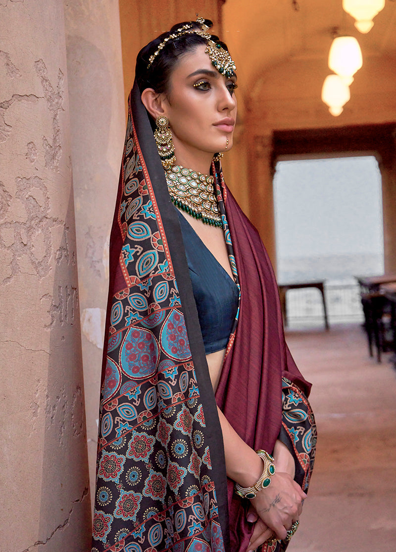 Monjolika Fashion Paisley Print Maroon Silk Blend Trendy Saree | Grocsy