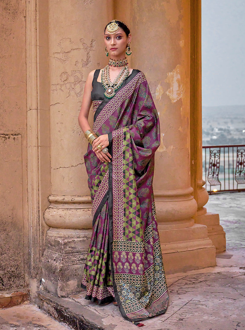 Monjolika Fashion Silk Blend Block Print Traditional Saree in Purple | Grocsy