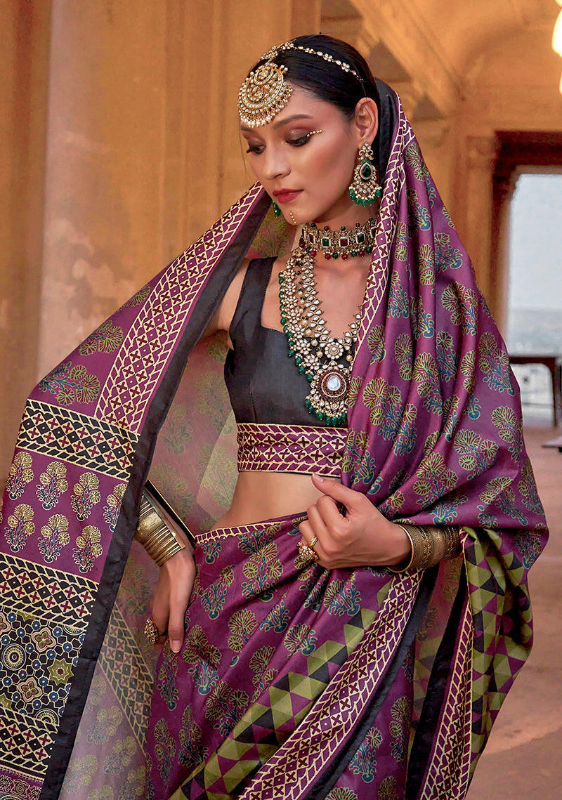 Monjolika Fashion Silk Blend Block Print Traditional Saree in Purple | Grocsy