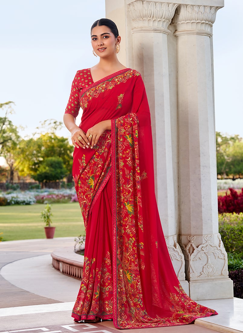 Monjolika Fashion Red Printed Georgette Contemporary Saree | Grocsy