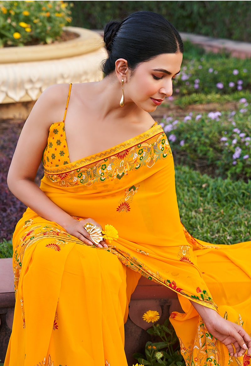 Monjolika Fashion Yellow Printed Georgette Contemporary Saree | Grocsy