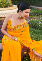Monjolika Fashion Yellow Printed Georgette Contemporary Saree | Grocsy