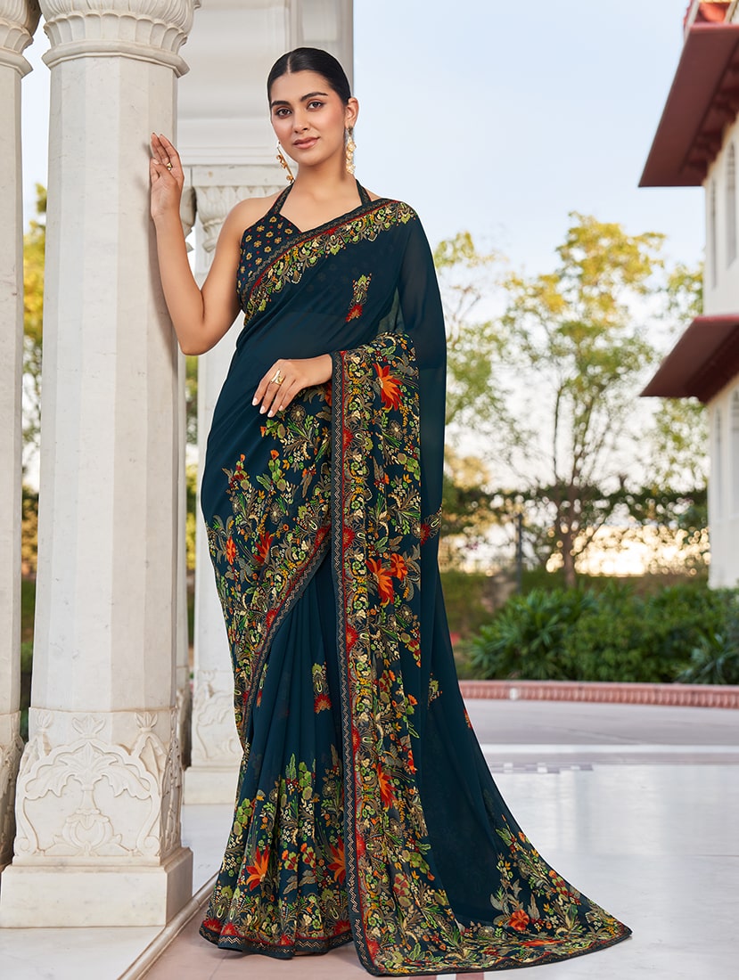 Monjolika Fashion Navy Blue Printed Georgette Contemporary Saree | Grocsy