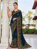 Monjolika Fashion Navy Blue Printed Georgette Contemporary Saree | Grocsy