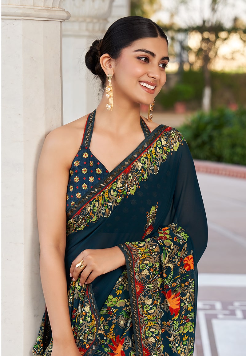 Monjolika Fashion Navy Blue Printed Georgette Contemporary Saree | Grocsy