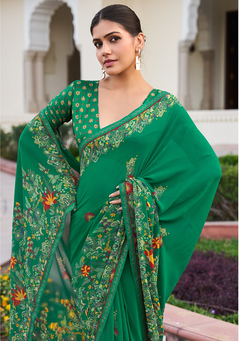 Monjolika Fashion Green Printed Georgette Contemporary Saree | Grocsy