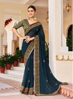 Monjolika Fashion Navy Blue Georgette Printed Festival Desginer Trendy Saree | Grocsy