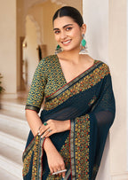 Monjolika Fashion Navy Blue Georgette Printed Festival Desginer Trendy Saree | Grocsy