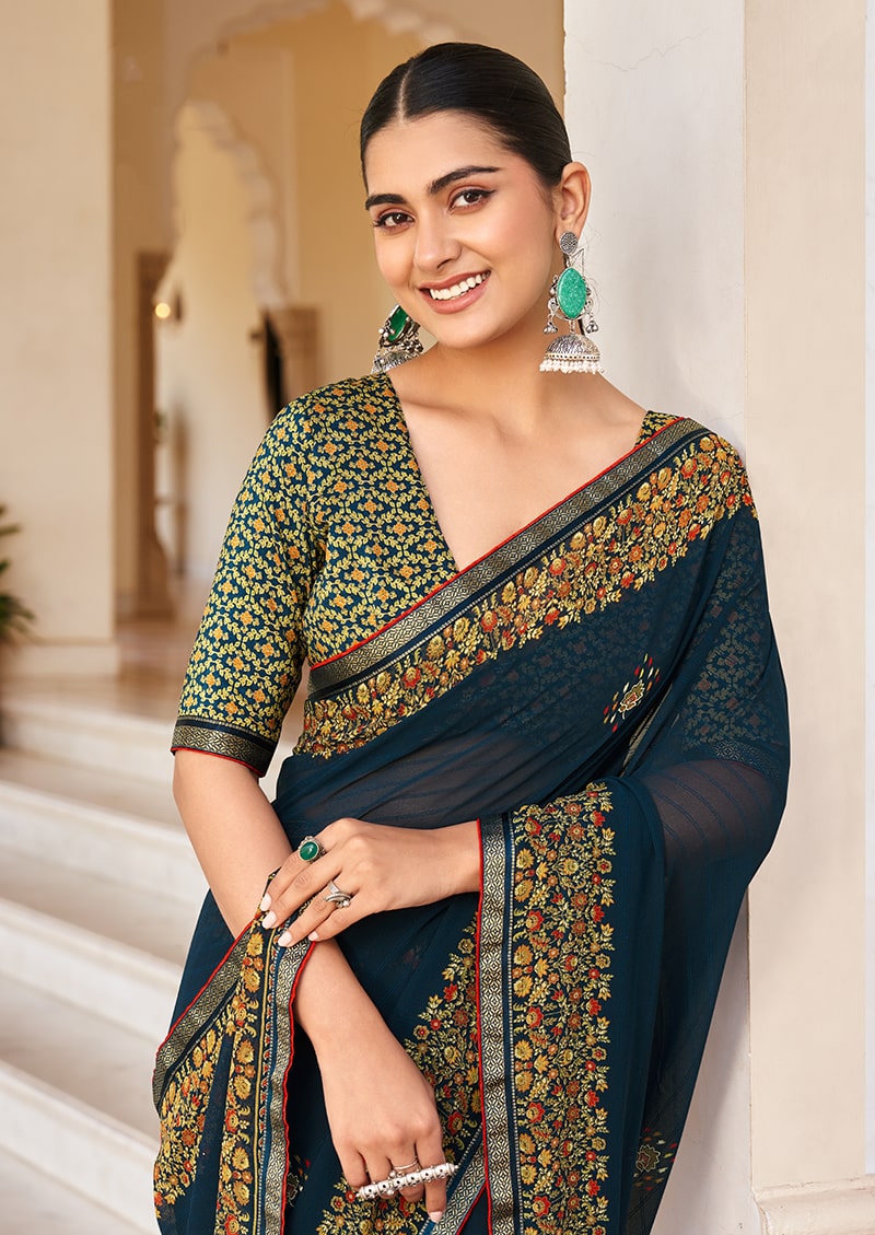 Monjolika Fashion Navy Blue Georgette Printed Festival Desginer Trendy Saree | Grocsy
