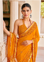 Monjolika Fashion Orange Georgette Printed Festival Desginer Trendy Saree | Grocsy