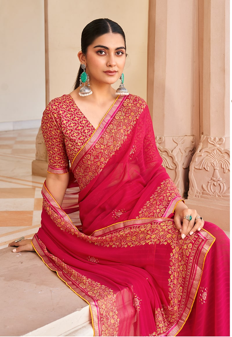 Monjolika Fashion Rani Pink Georgette Printed Festival Desginer Trendy Saree | Grocsy