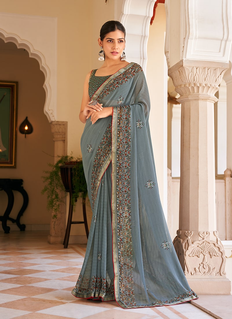 Monjolika Fashion Grey Georgette Printed Festival Desginer Trendy Saree | Grocsy