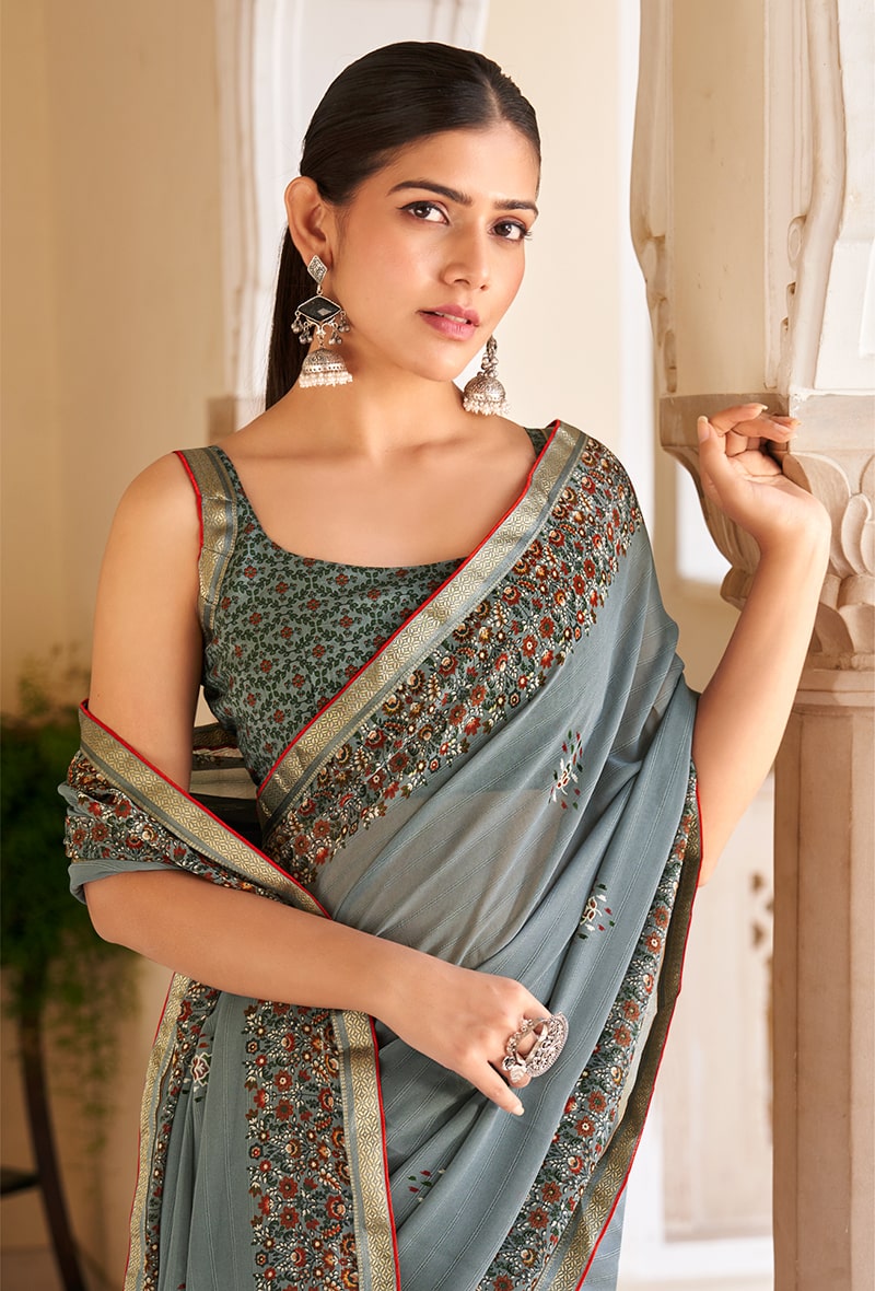 Monjolika Fashion Grey Georgette Printed Festival Desginer Trendy Saree | Grocsy