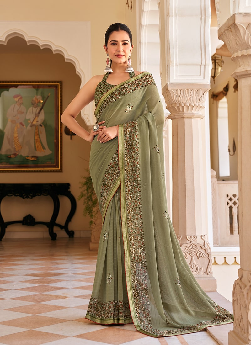 Monjolika Fashion Sage Green Georgette Printed Festival Desginer Trendy Saree | Grocsy