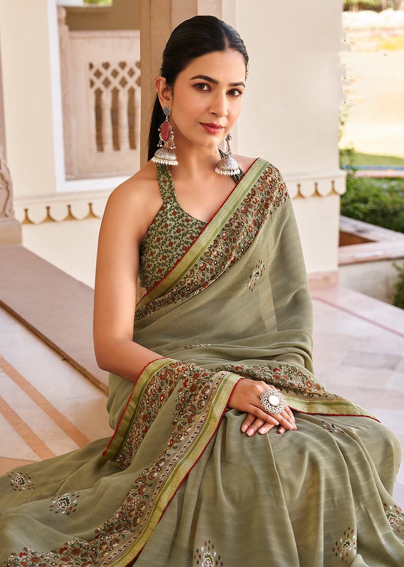 Monjolika Fashion Sage Green Georgette Printed Festival Desginer Trendy Saree | Grocsy
