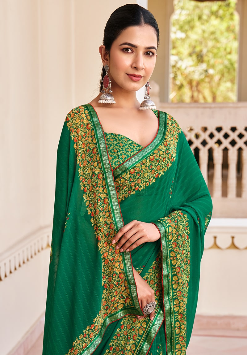 Monjolika Fashion Green Georgette Printed Festival Desginer Trendy Saree | Grocsy