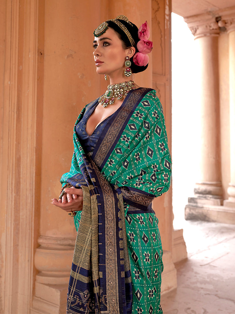 Monjolika Fashion Turquoise Silk Blend Patola Print Classic Saree | Grocsy