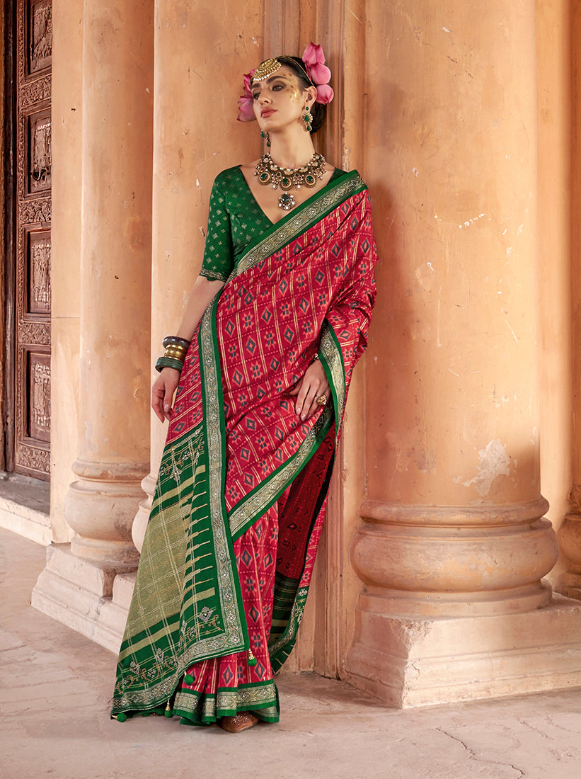 Monjolika Fashion Rani Pink Silk Blend Patola Print Classic Saree | Grocsy