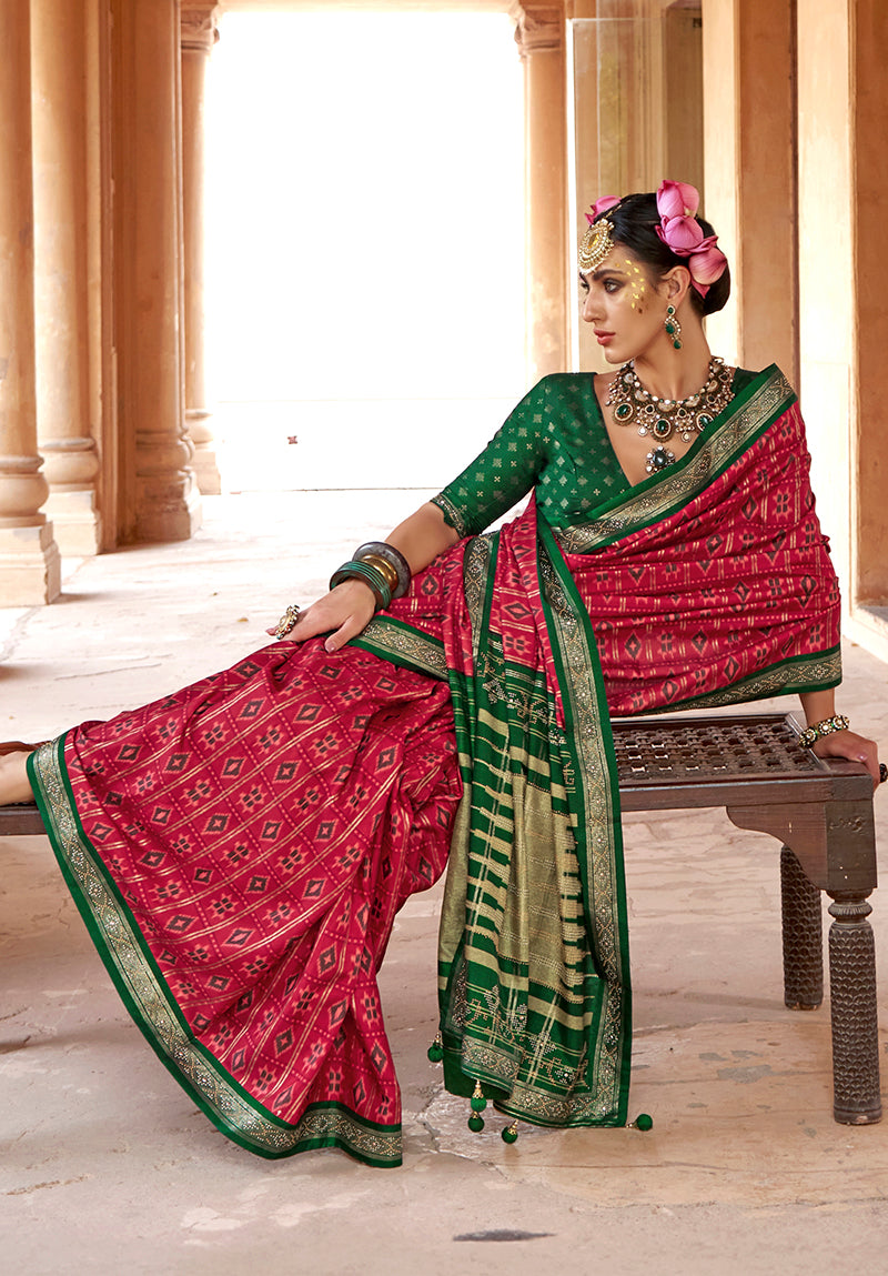 Monjolika Fashion Rani Pink Silk Blend Patola Print Classic Saree | Grocsy
