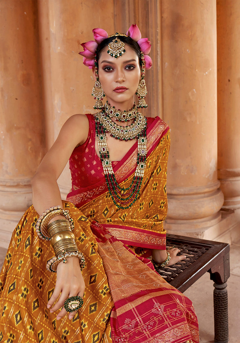 Monjolika Fashion Mustard Silk Blend Patola Print Classic Saree | Grocsy