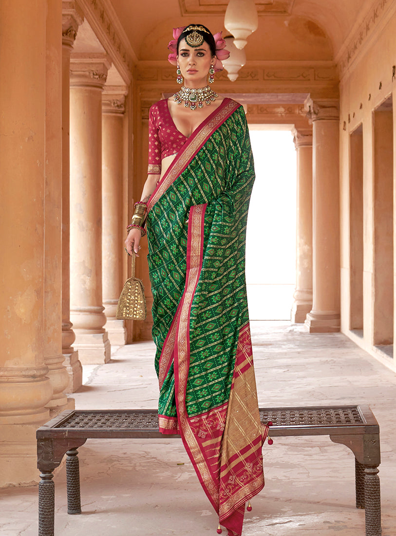 Monjolika Fashion Green Silk Blend Patola Print Classic Saree | Grocsy