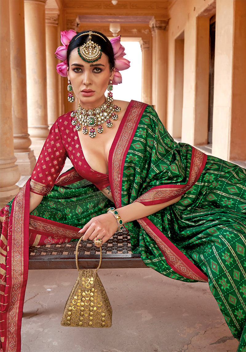 Monjolika Fashion Green Silk Blend Patola Print Classic Saree | Grocsy