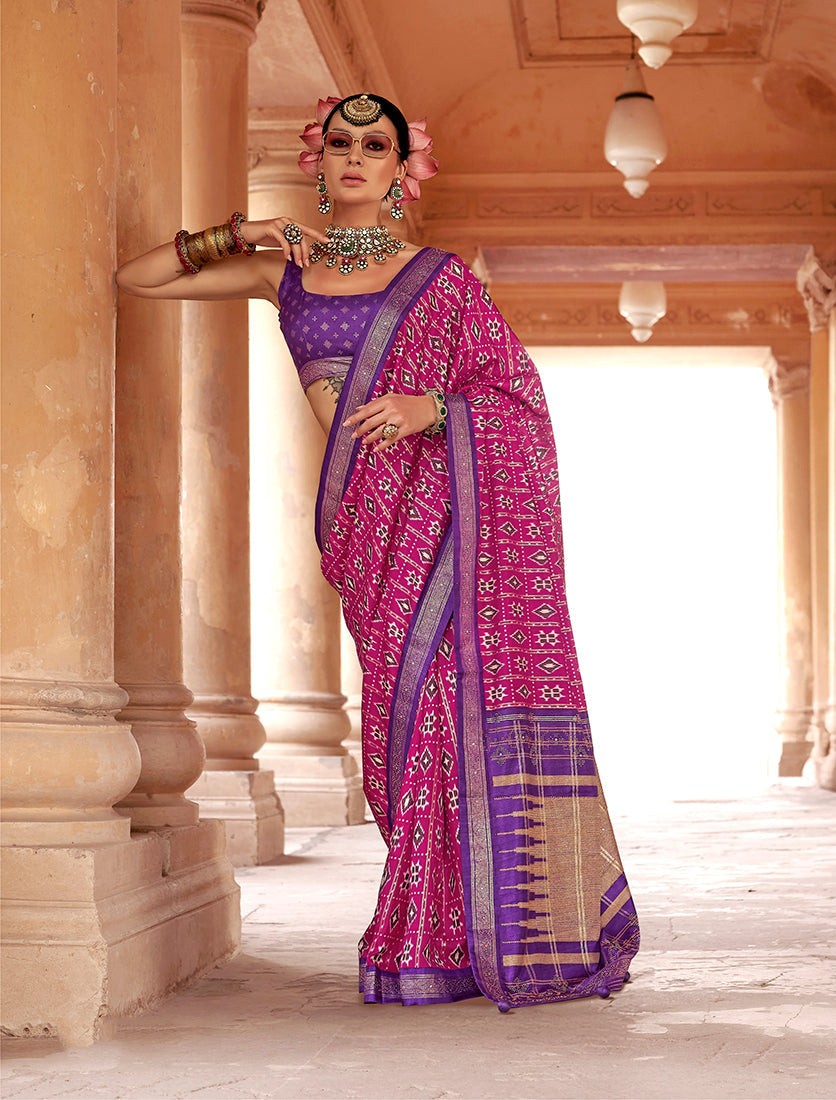 Monjolika Fashion Magenta Silk Blend Patola Print Classic Saree | Grocsy