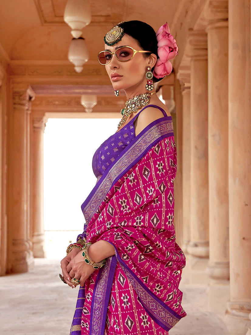 Monjolika Fashion Magenta Silk Blend Patola Print Classic Saree | Grocsy