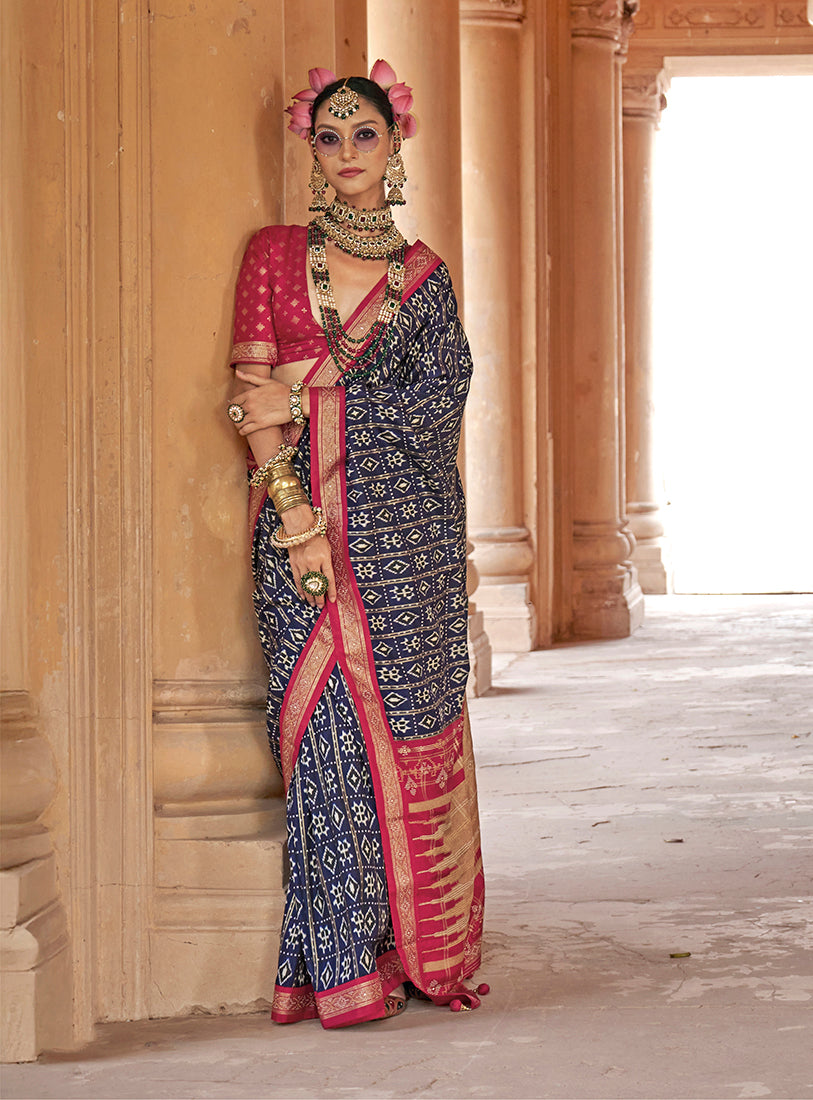 Monjolika Fashion Navy Blue Silk Blend Patola Print Classic Saree | Grocsy