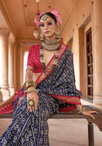 Monjolika Fashion Navy Blue Silk Blend Patola Print Classic Saree | Grocsy