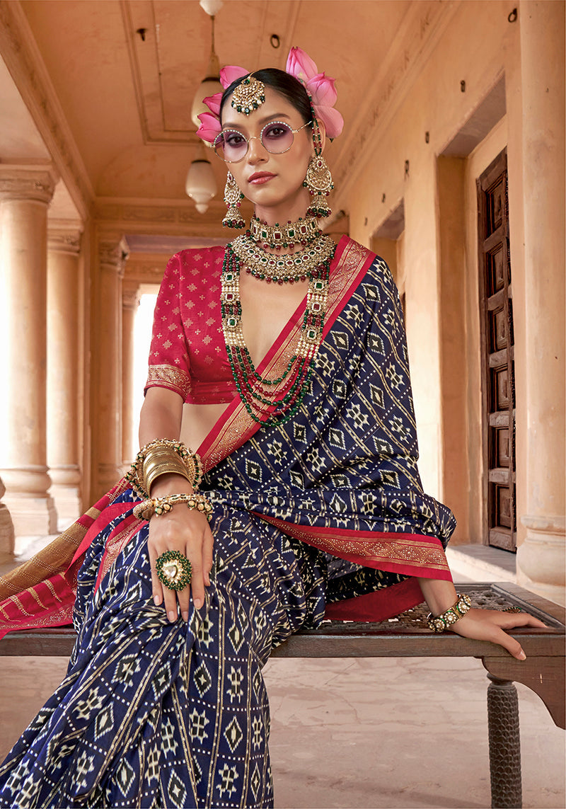 Monjolika Fashion Navy Blue Silk Blend Patola Print Classic Saree | Grocsy