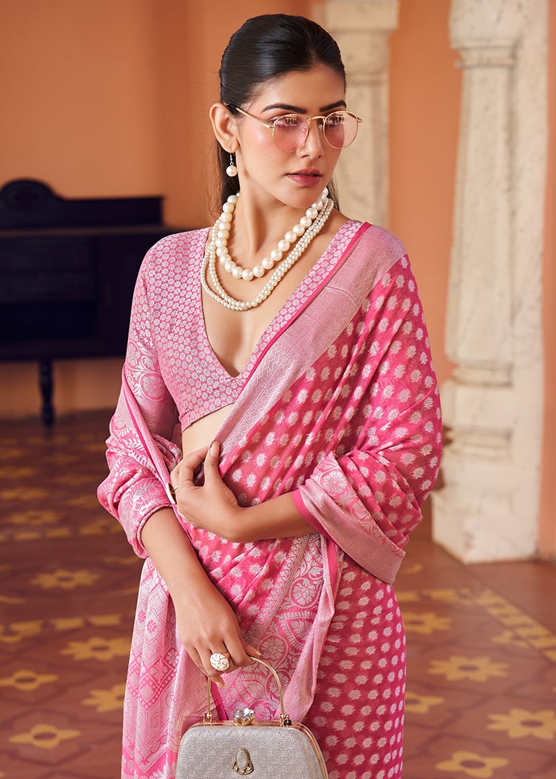 Monjolika Fashion Pink Weaving Georgette Party Contemporary Saree | Grocsy