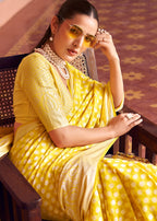 Monjolika Fashion Yellow Weaving Georgette Party Contemporary Saree | Grocsy