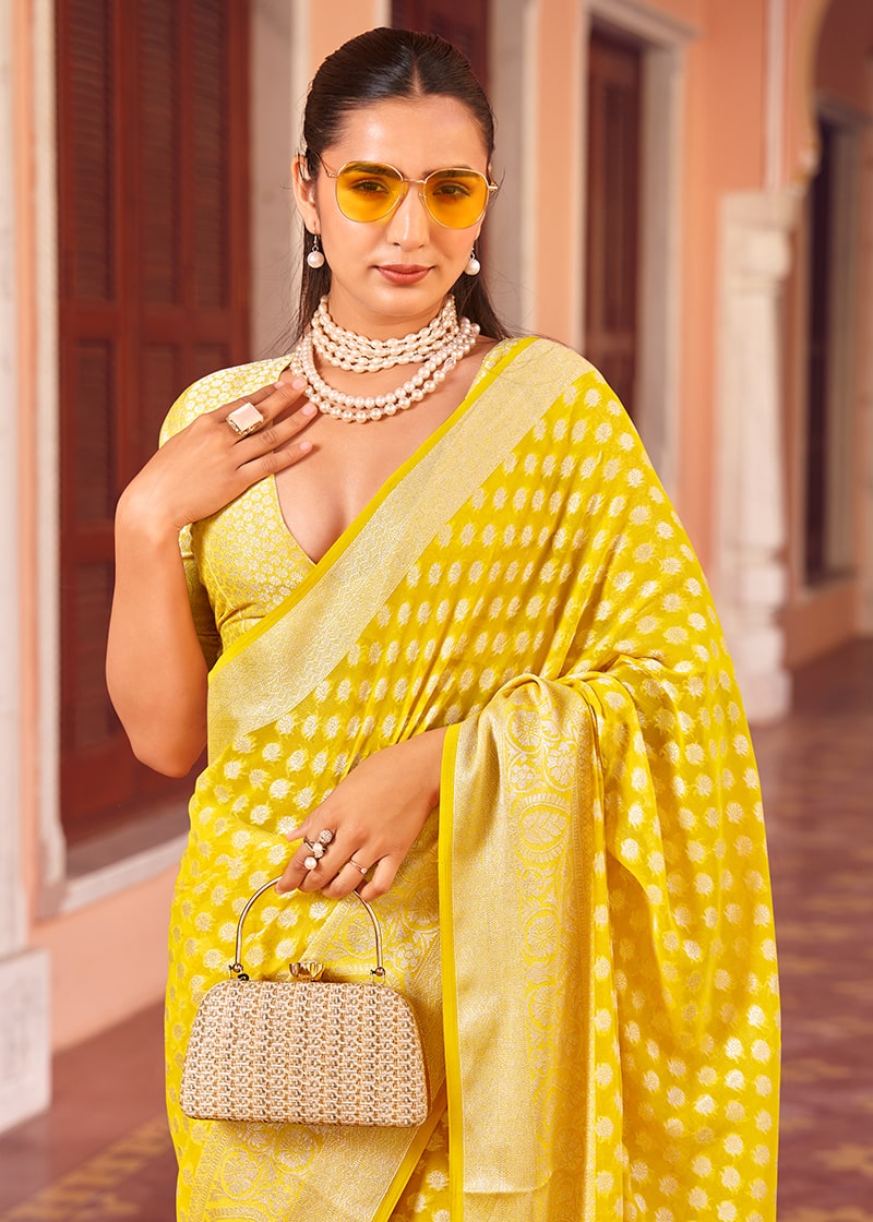 Monjolika Fashion Yellow Weaving Georgette Party Contemporary Saree | Grocsy