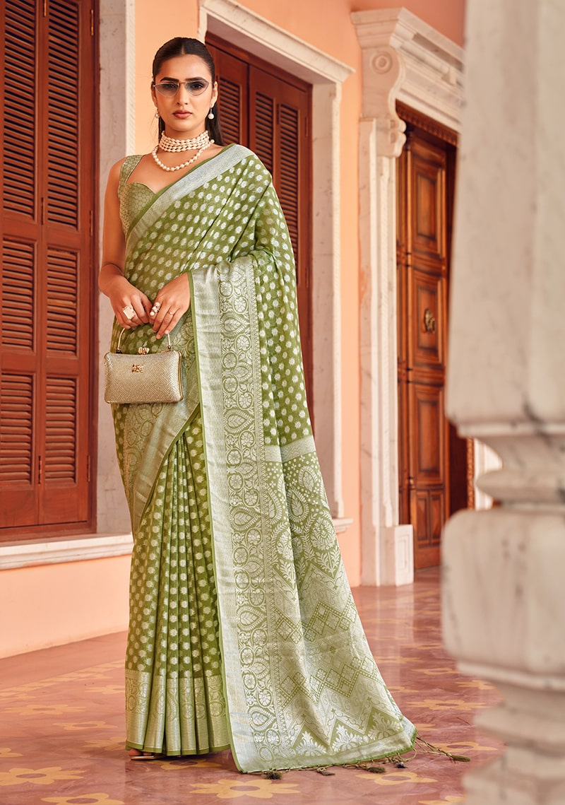 Monjolika Fashion Olive Green Weaving Georgette Party Contemporary Saree | Grocsy